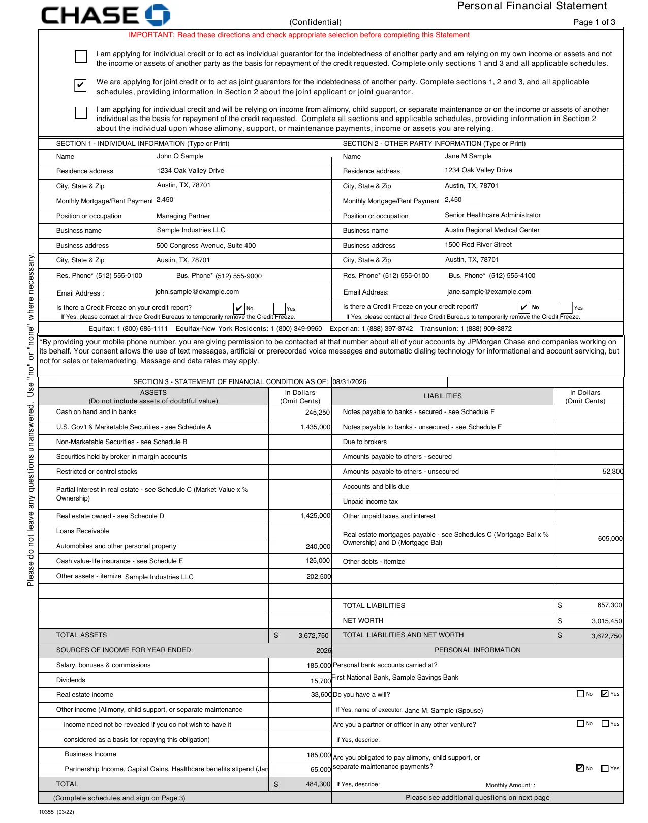 Page 1 of the Chase personal financial statement form filled from a sample statement.