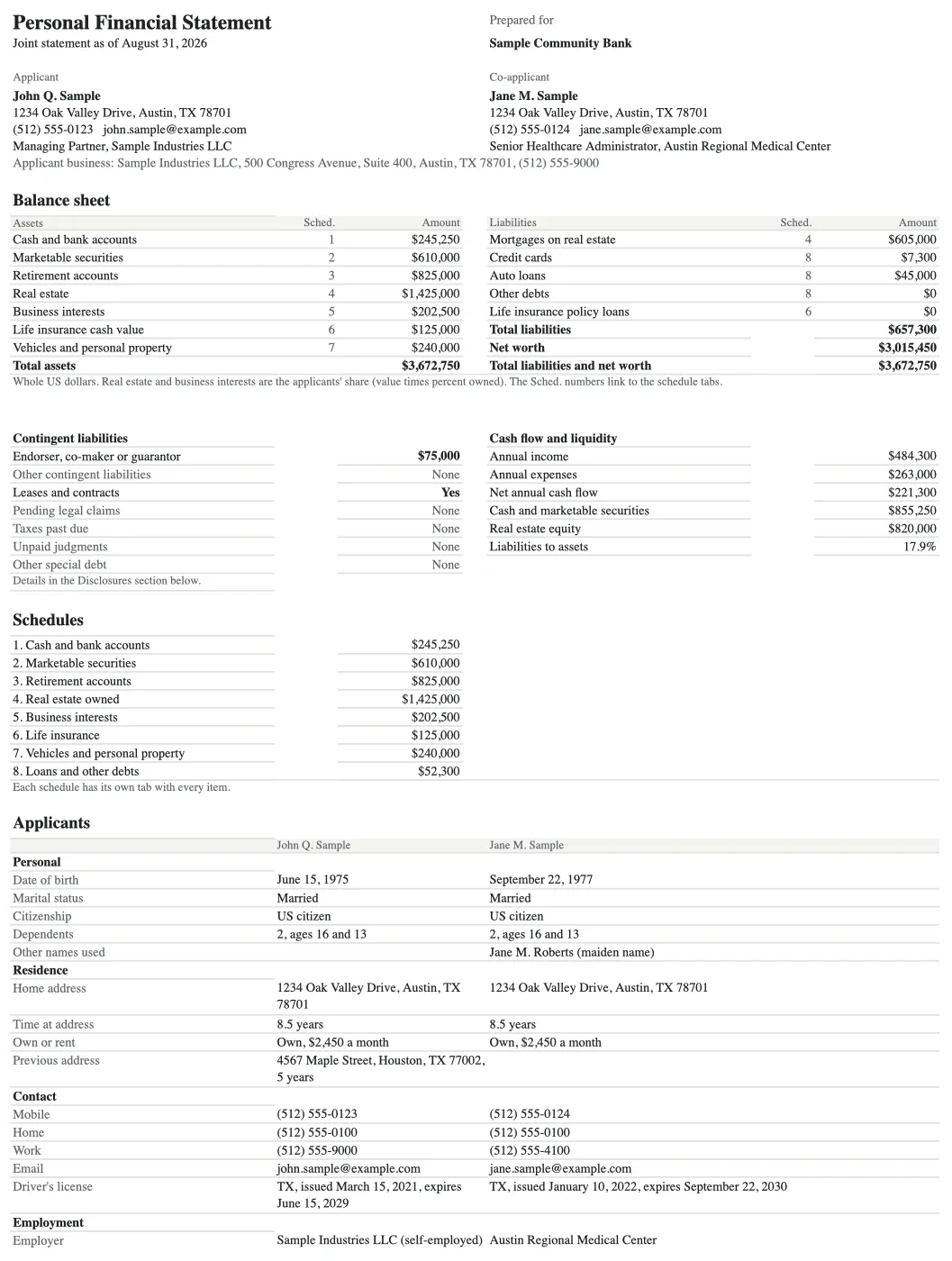 The statement tab of the Excel copy of a sample statement, with schedule tabs along the bottom.