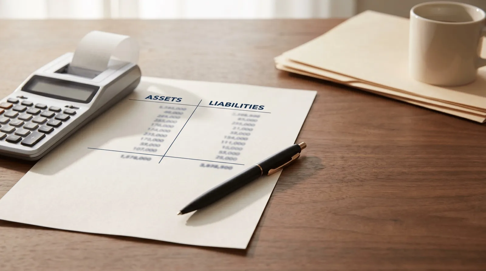 A worksheet with Assets and Liabilities columns beside a calculator and pen on a wooden desk for calculating net worth