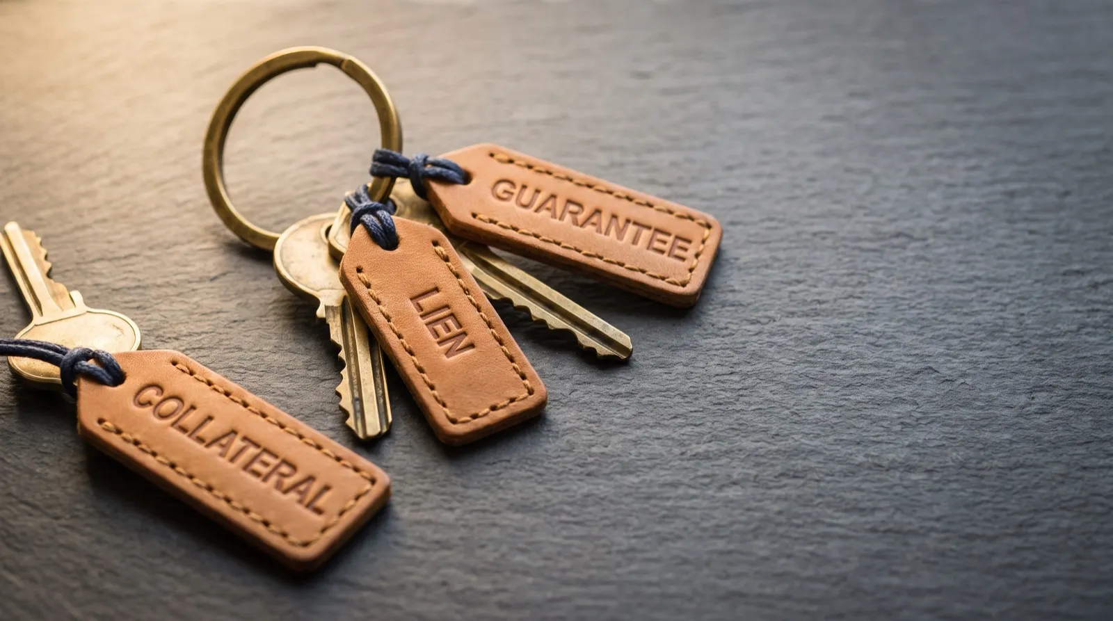 Three stacked brass keys labeled collateral, lien, and guarantee, with the collateral key removed from the ring