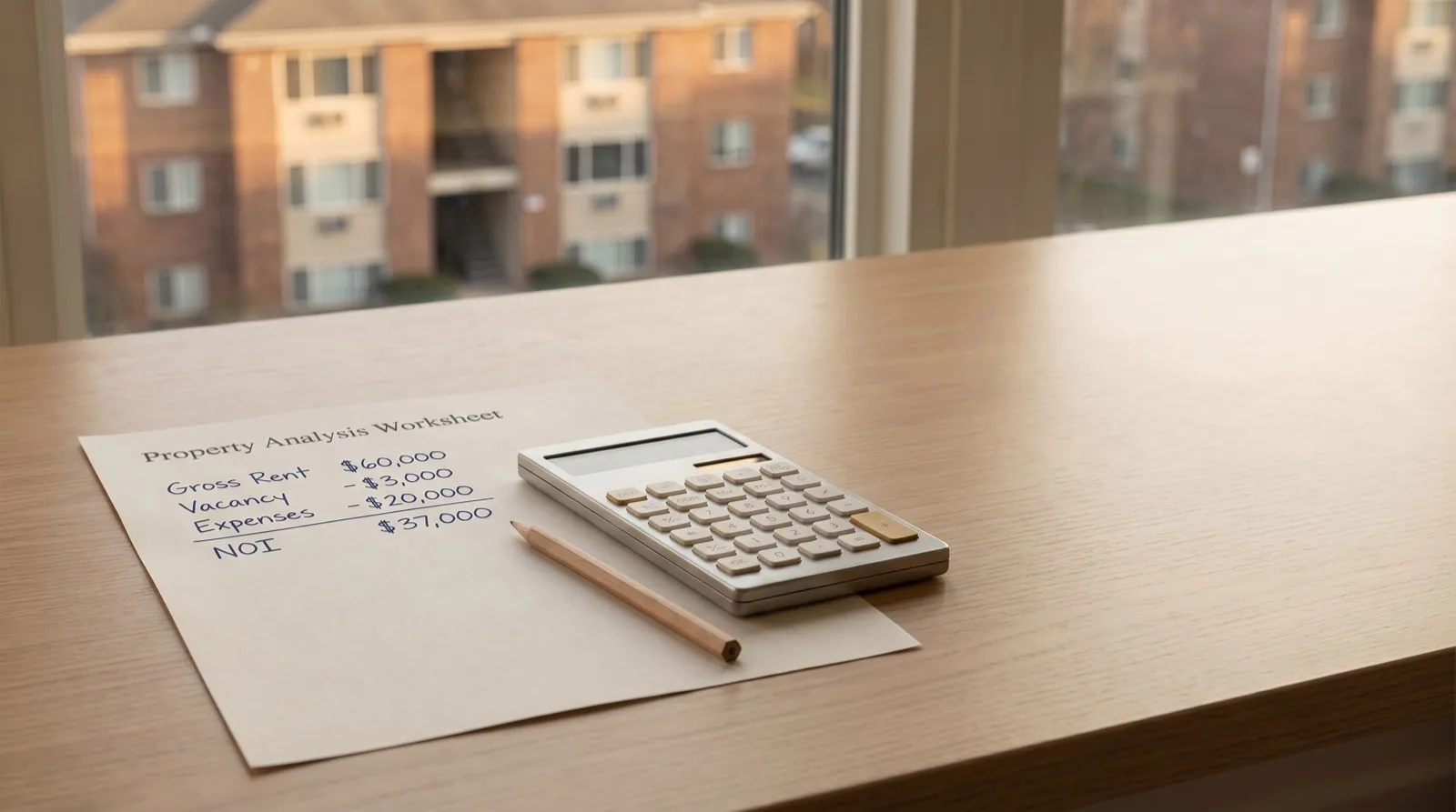 A property analysis worksheet listing gross rent, vacancy, expenses and NOI beside a calculator and pencil