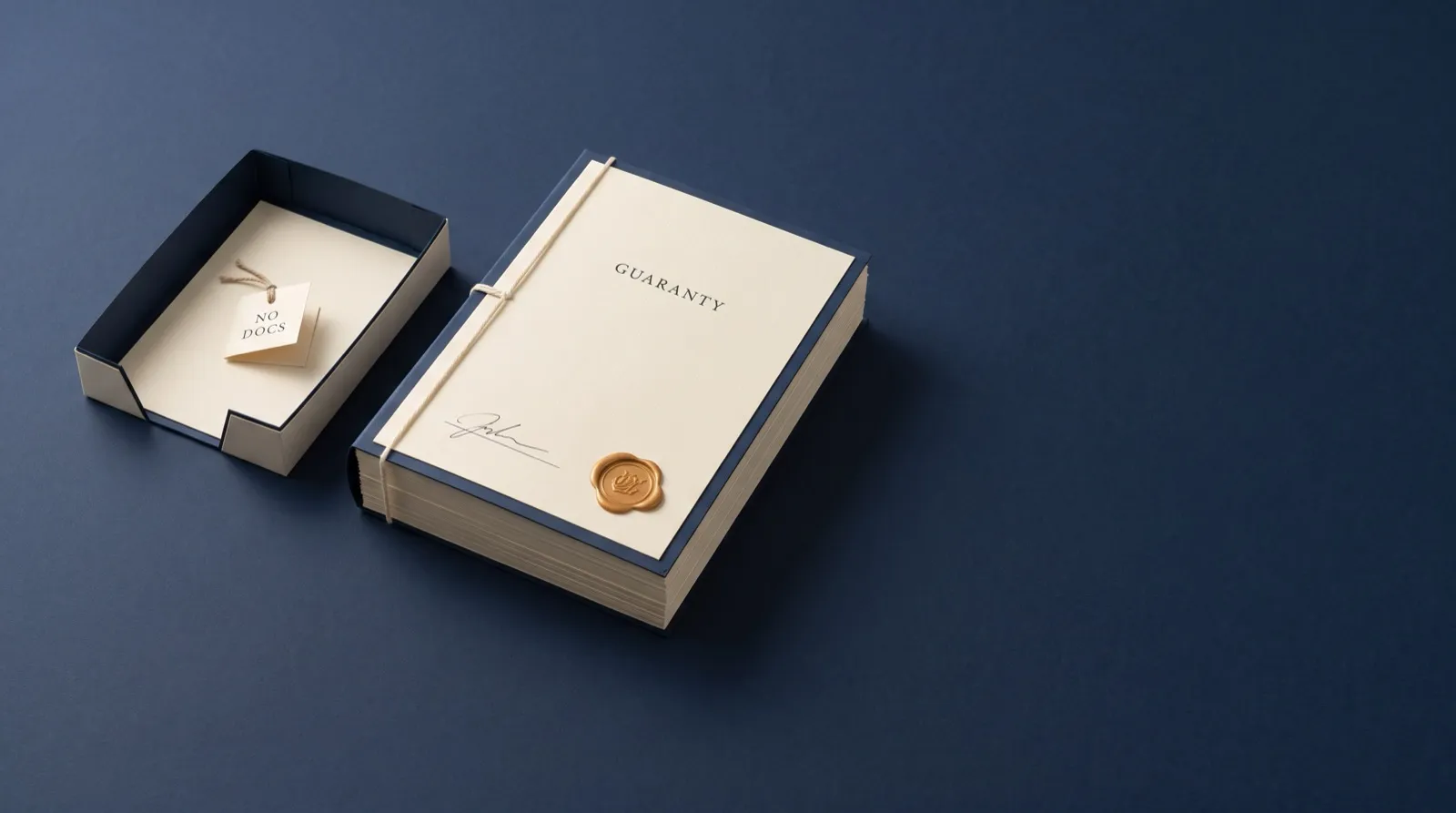 Paper-craft scene of an empty document tray tagged NO DOCS beside a thick signed guaranty agreement with a gold wax seal