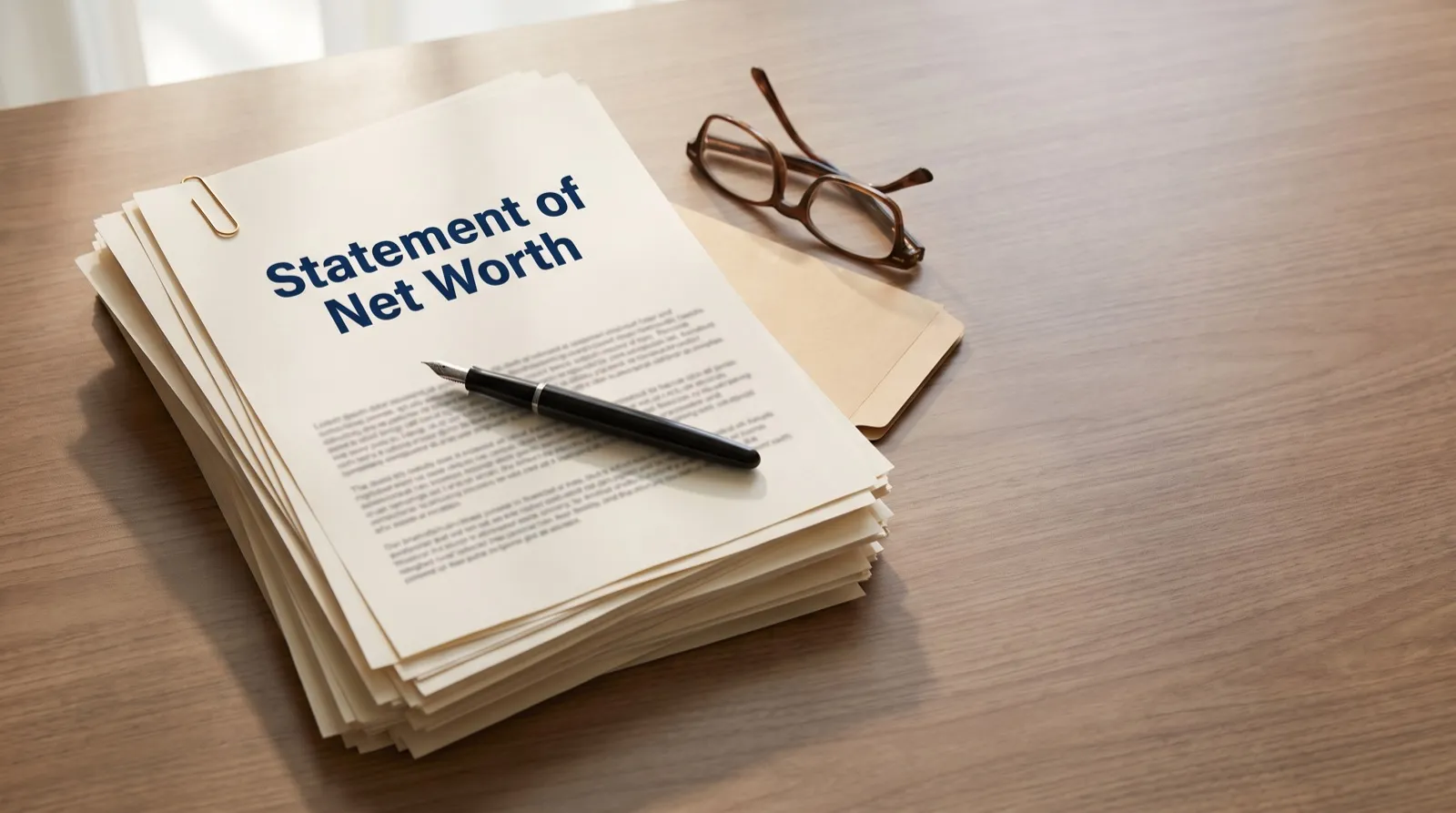 A stack of financial documents topped by a Statement of Net Worth cover page, a pen, and reading glasses on a desk