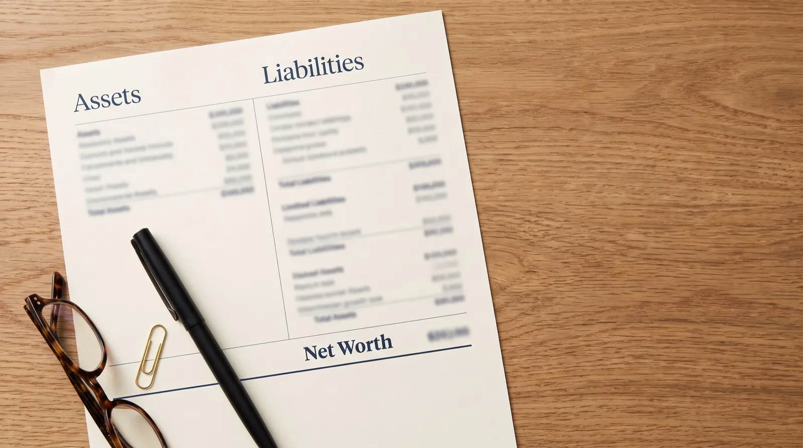 A one-page net worth statement on a desk showing an assets column, a liabilities column, and a net worth total at the bottom