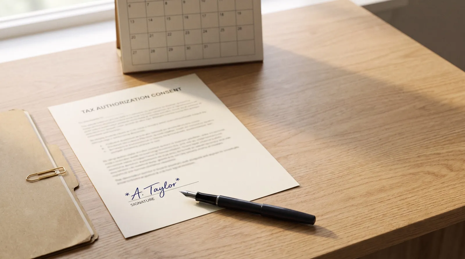 A signed tax transcript authorization form on a desk beside a loan file, a calendar, and a pen