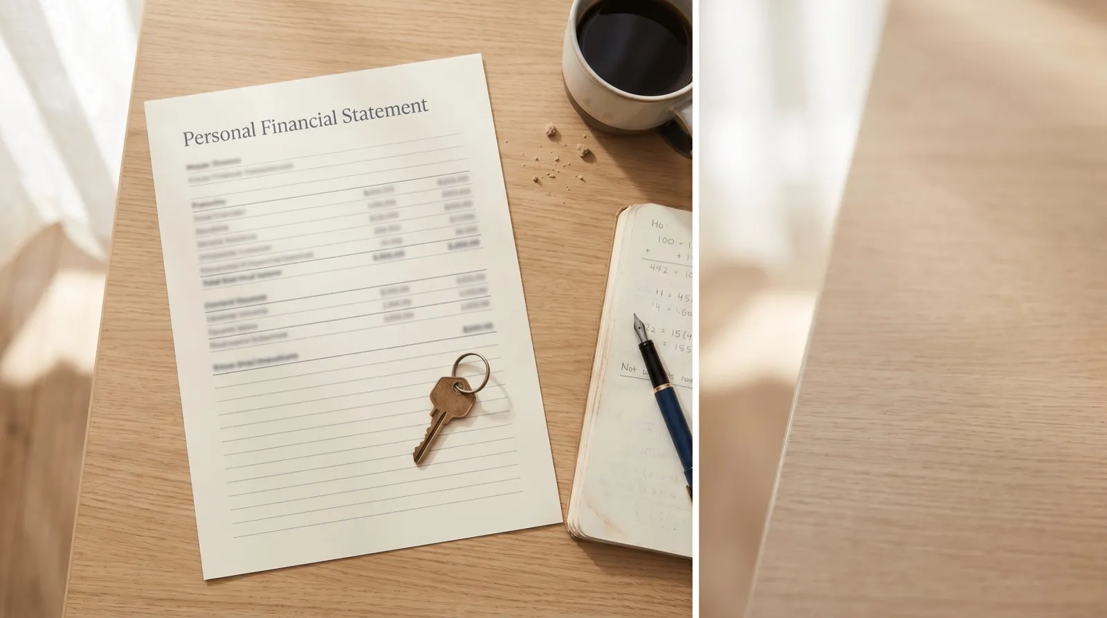 A one-page personal financial statement on a desk beside a brass house key, an open notebook, a fountain pen, and coffee