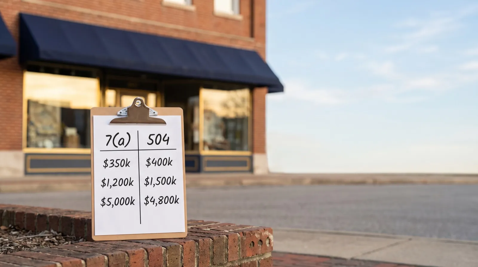 A clipboard comparing SBA 7(a) and 504 loan figures in two columns, in front of a two-story brick commercial building
