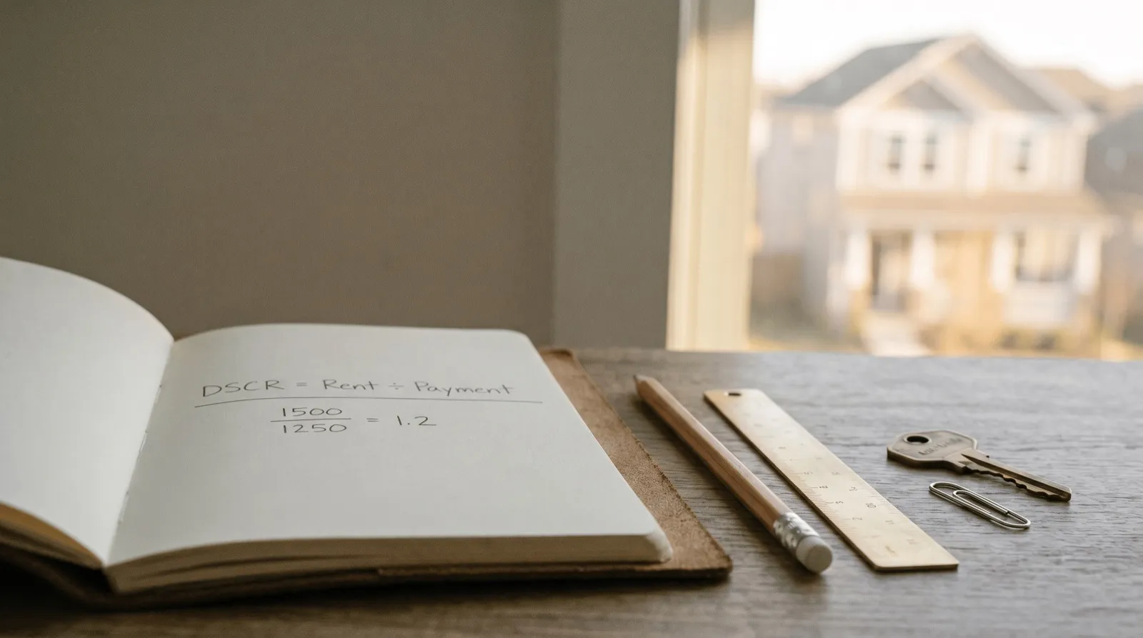 An open notebook showing the handwritten formula DSCR equals rent divided by payment, beside a pencil and house key