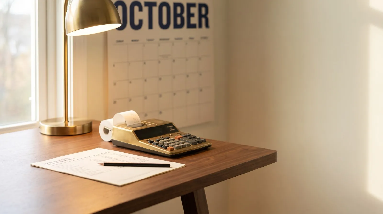 A profit and loss statement, pencil, and printing calculator on a walnut desk below a wall calendar turned to October