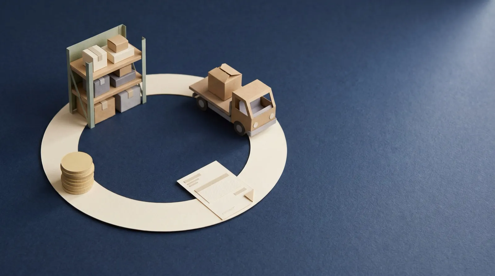 Paper-craft diorama of the working capital cycle: warehouse shelf, delivery truck, invoice, and coins linked in a loop