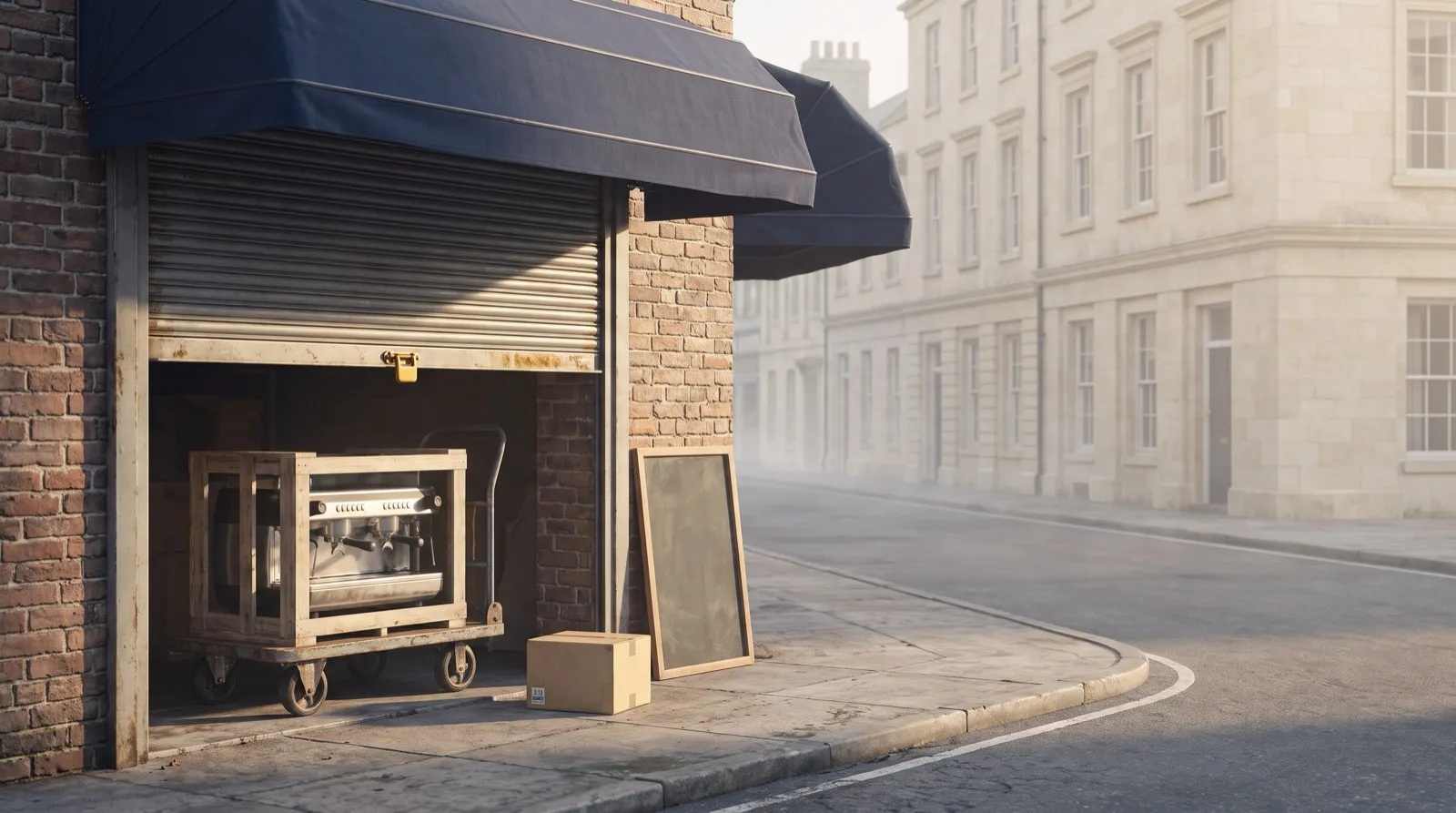 A crated commercial espresso machine on a cart at the open door of a small brick storefront at dawn, shutter half raised