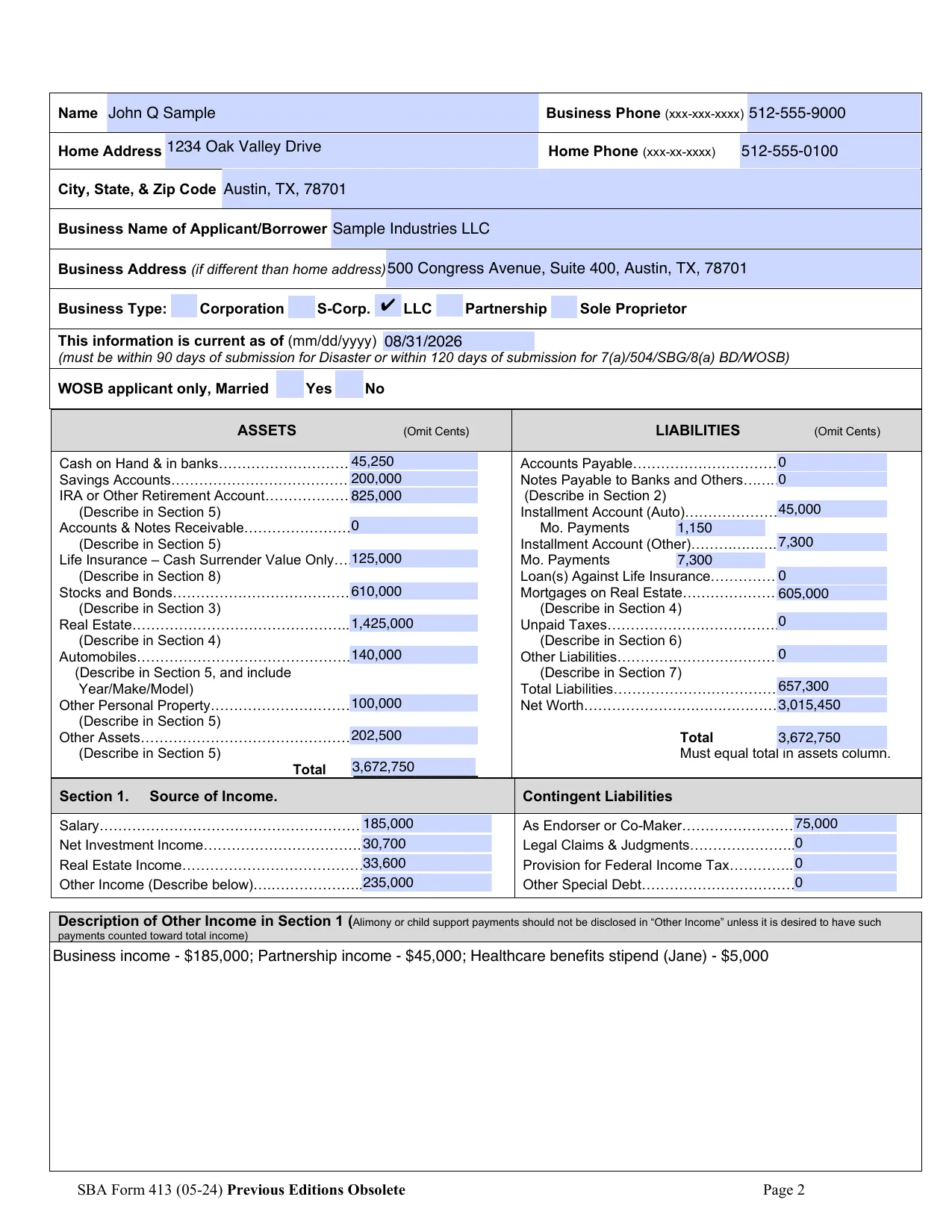 Page 2 of SBA Form 413 filled from a sample statement (page 1 is the SBA’s instructions): applicant details, business type, and the assets and liabilities table.