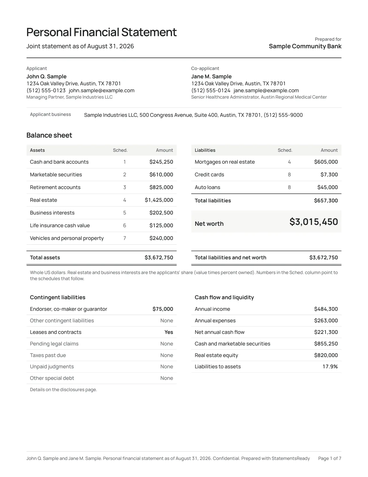 Page 1 of the Standard layout: applicant and co-applicant details, a two-column balance sheet with schedule numbers, contingent liabilities, and cash flow.