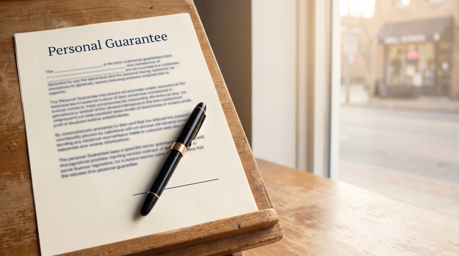 An unsigned business loan guarantee document on a desk with a capped pen resting across the signature line and a small business storefront visible through a window in warm daylight