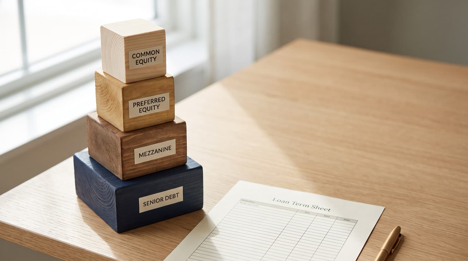 Four stacked wooden blocks labeled senior debt, mezzanine, preferred equity and common equity beside a term sheet