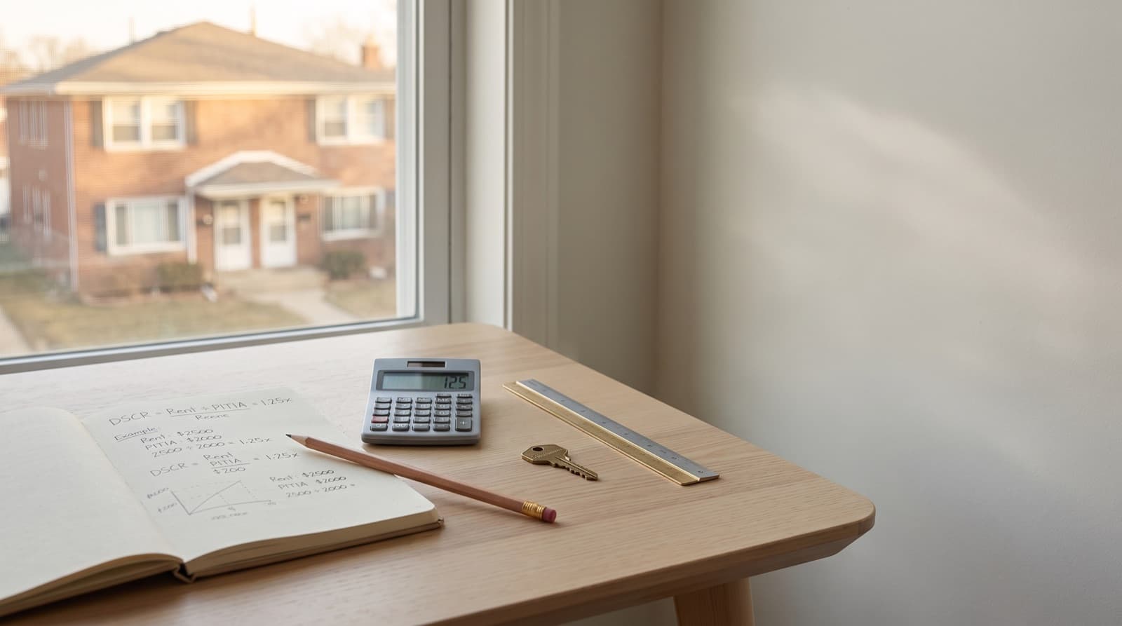 An open notebook showing the hand-written formula DSCR equals rent divided by PITIA with a worked 1.25x example, beside a calculator reading 1.25, a brass key, and a ruler on a light-wood desk, with a red-brick duplex rental visible through the window