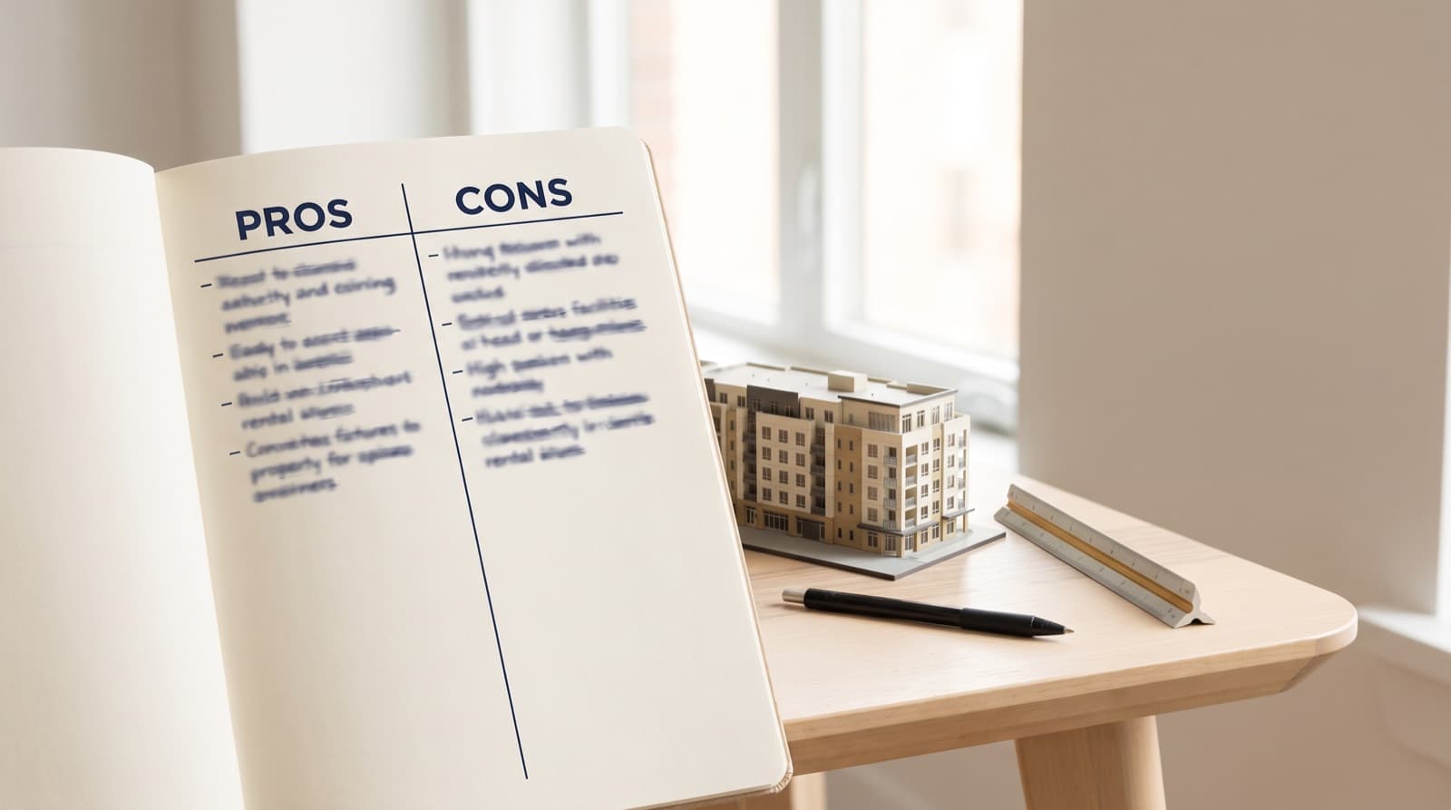An open notebook headed PROS and CONS beside a scale model of a mid-rise multifamily rental building on a sunlit desk