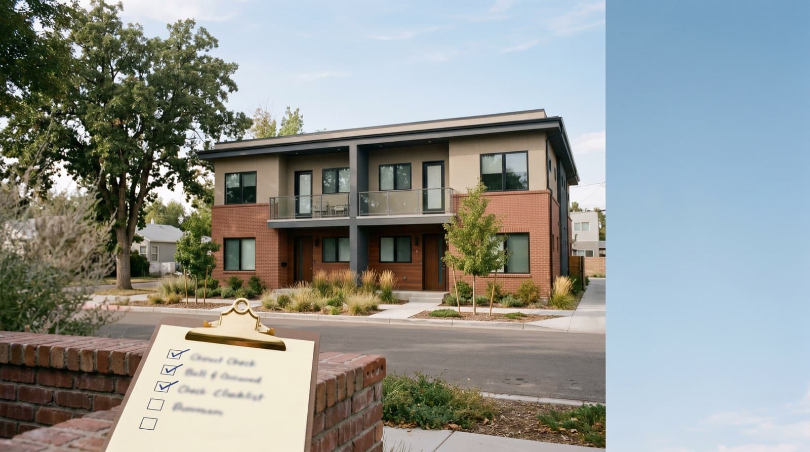 A two-story fourplex rental building seen from the street, with a checklist on a clipboard on a brick wall in the foreground