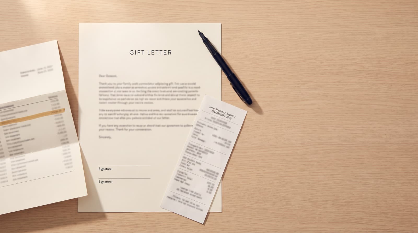 A signed gift letter on a desk beside a wire transfer receipt and two bank statements