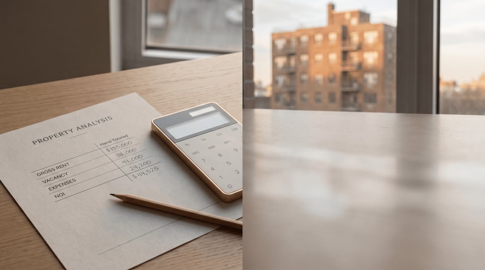 A property-analysis worksheet listing gross rent, vacancy, expenses, and NOI beside a calculator and pencil on a desk, with a multifamily apartment building visible through the window