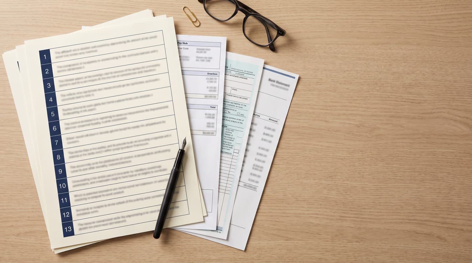 A divorcing spouse organizing pay stubs, bank statements and tax returns beside a blank Illinois court financial affidavit