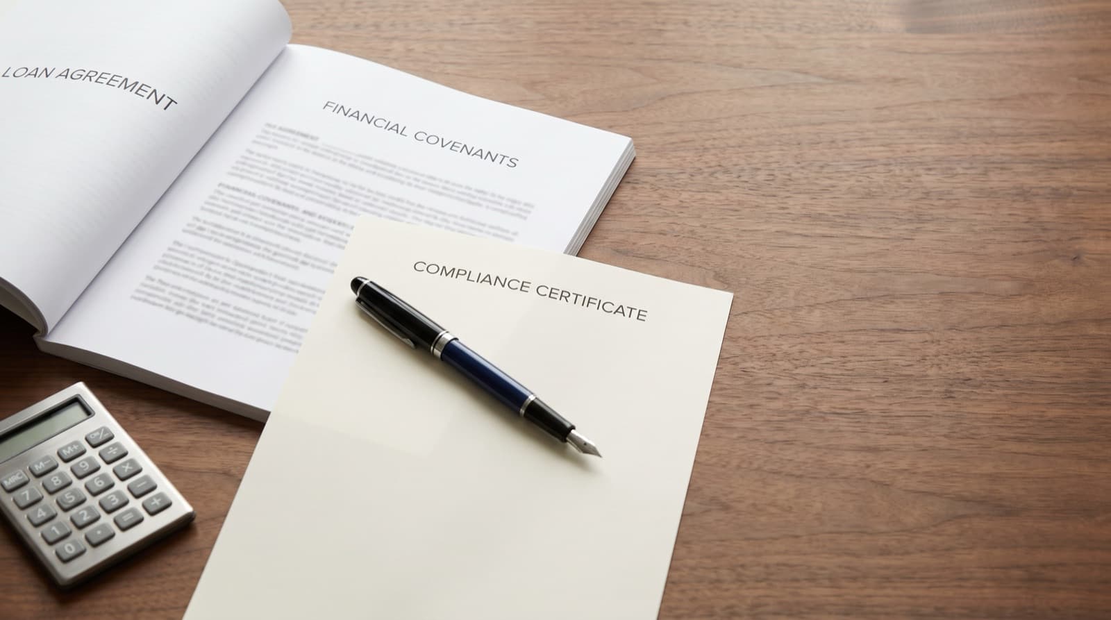 A commercial loan agreement open to a financial covenants page beside a signed compliance certificate and a calculator