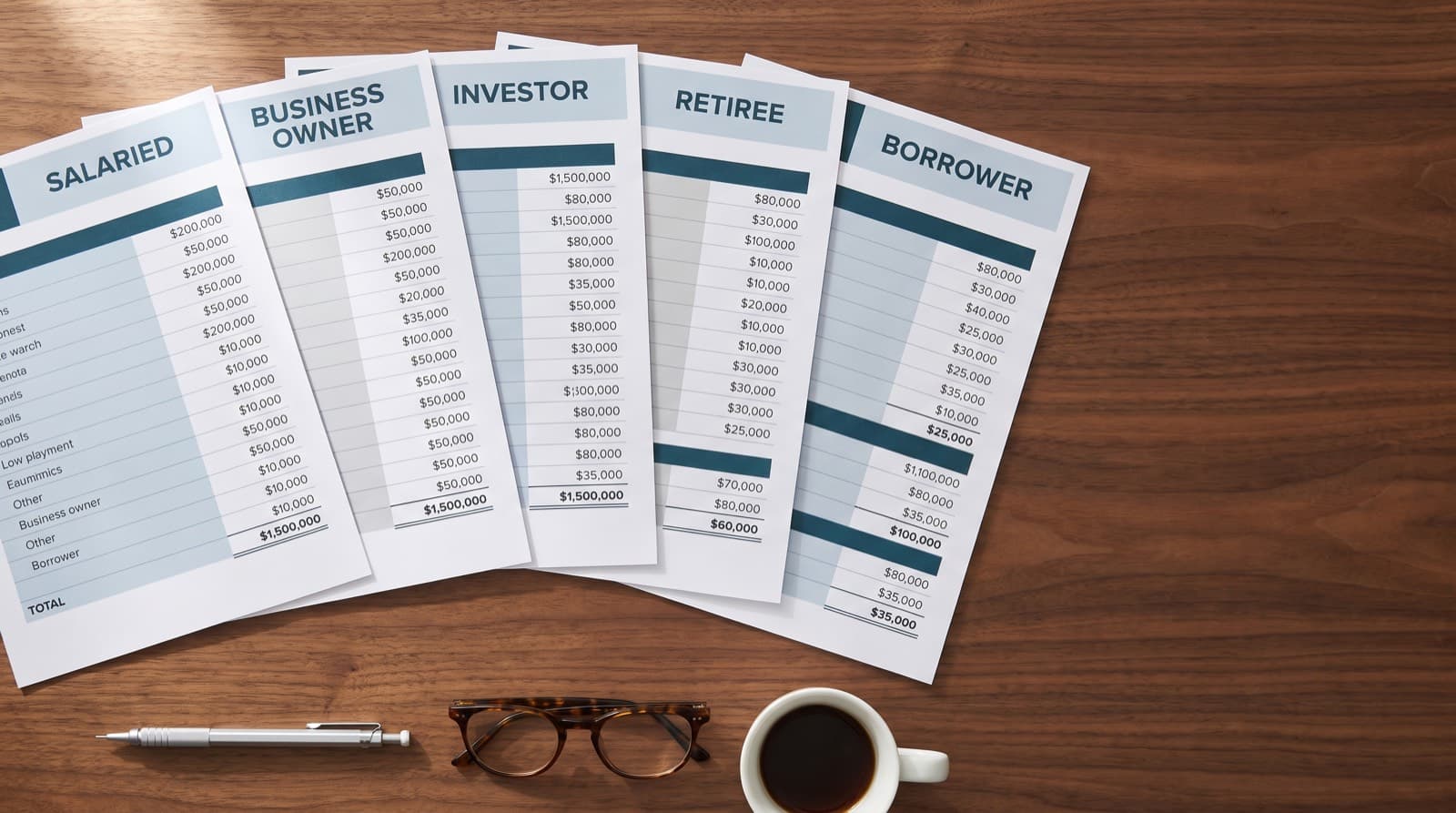 Five side-by-side net worth statements on a desk showing different asset mixes and net worth totals