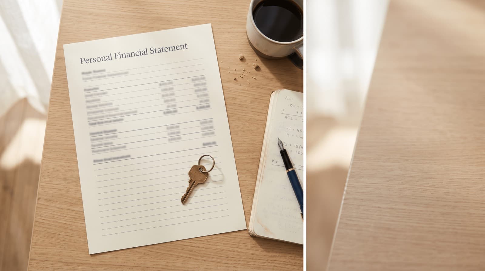 A one-page personal financial statement on a desk beside a brass house key, an open notebook, a fountain pen, and coffee