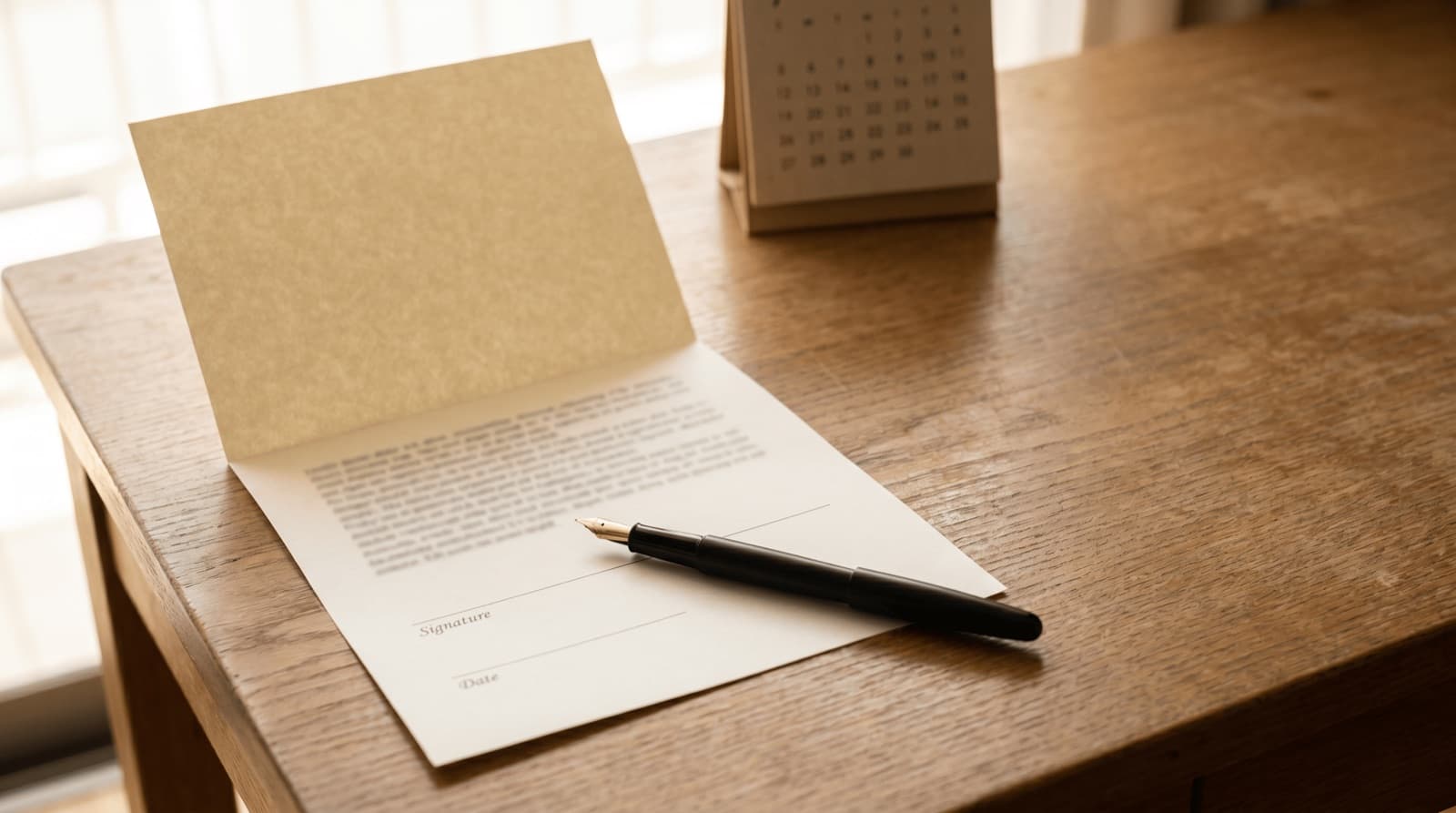 An SBA Form 413 open to its certification and signature block with a pen resting on the signature line beside a desk calendar