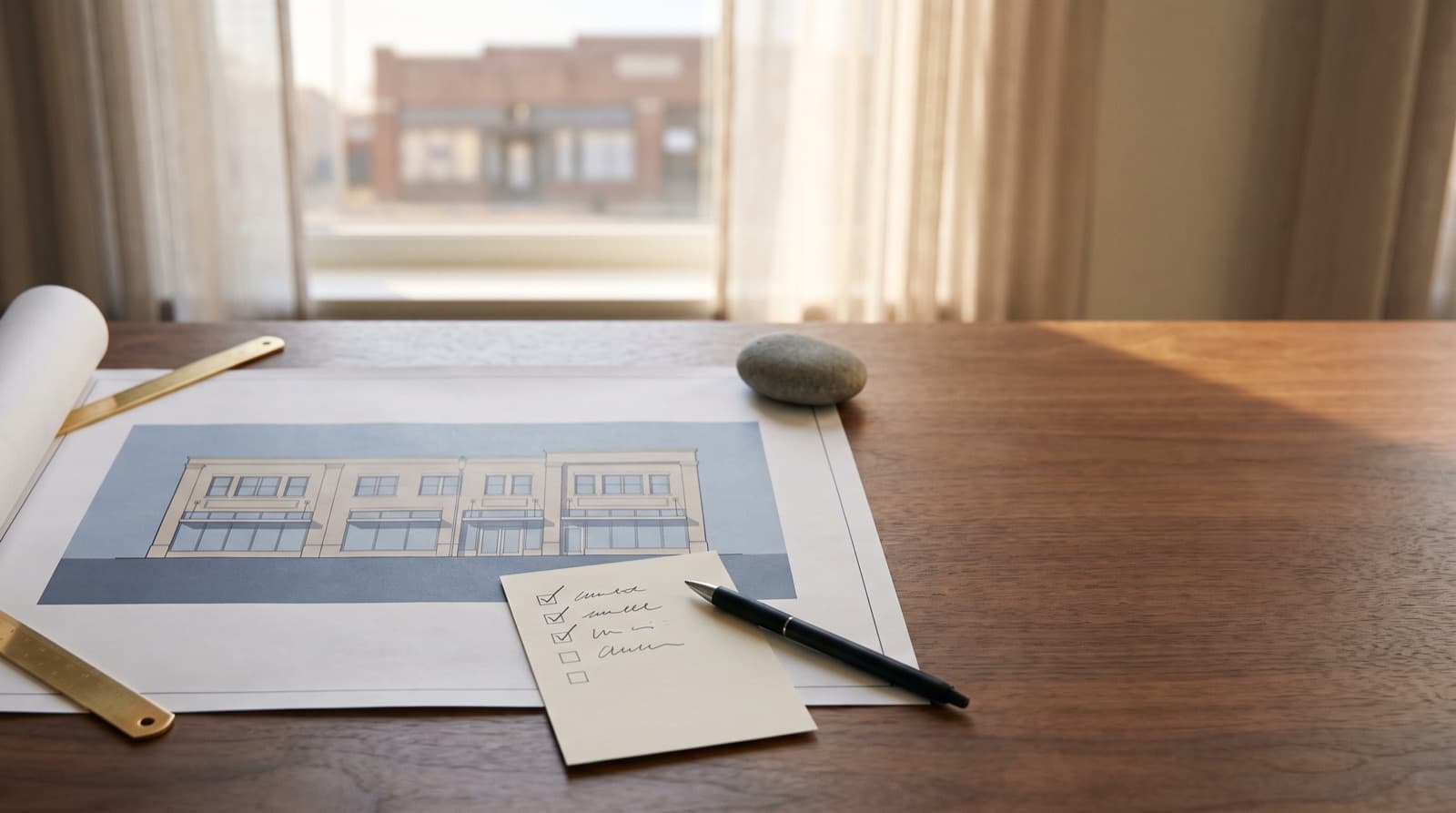 A walnut desk holding an architectural elevation drawing of a two-story commercial building, a handwritten checklist card with three items checked off, and brass rulers in warm window light