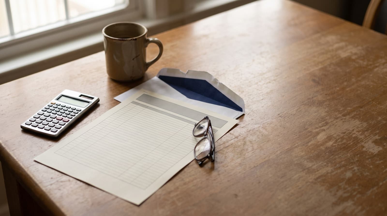A blank ruled ledger page, a calculator, reading glasses and a torn-open envelope on a sunlit kitchen table