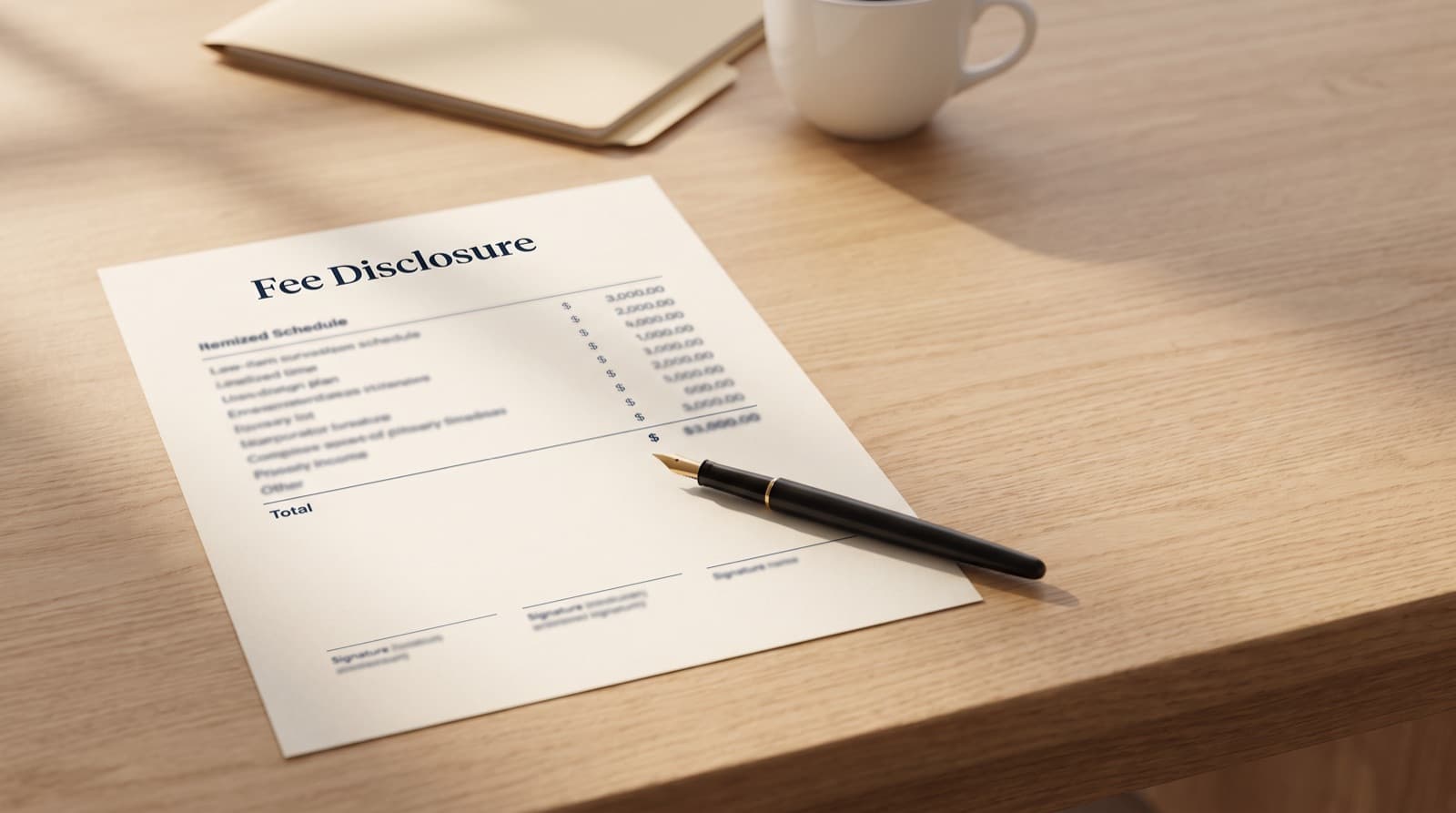 A fee disclosure sheet on a wooden desk showing an itemized compensation schedule, a total line, and three unsigned signature lines