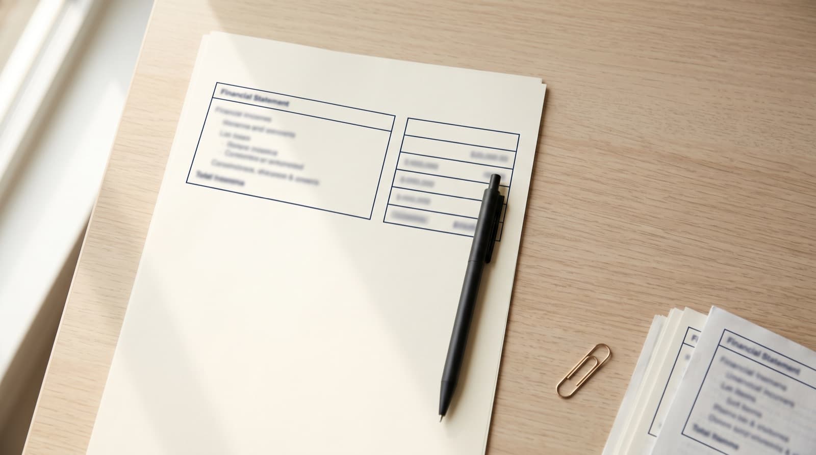 A financial statement page on a wooden desk, a four-row contingent-liabilities panel beside the income box, pen across it