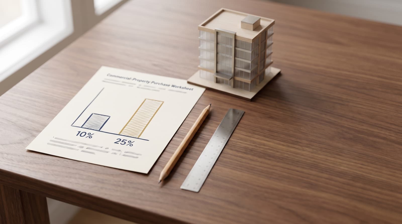 A commercial-property purchase worksheet with 10% and 25% down-payment bars beside a small building model on a walnut desk