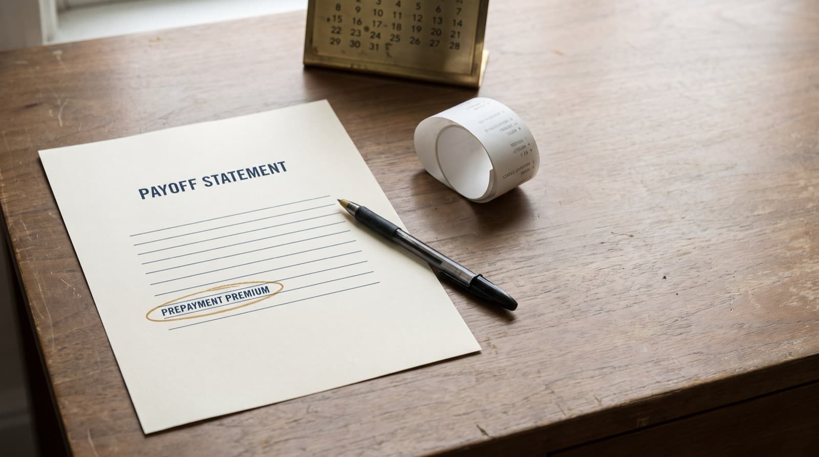 A commercial loan payoff statement showing a prepayment premium line item beside an amortization schedule and a calculator