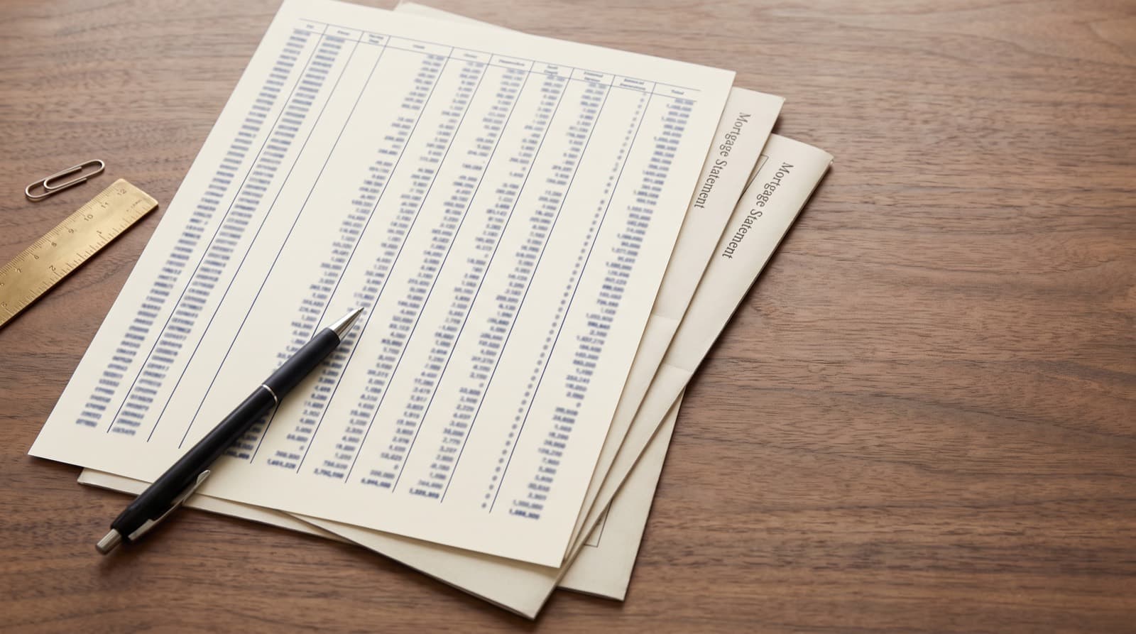 A printed multi-column schedule of real estate owned lying on a walnut desk with a pen across it, mortgage statements fanned beneath, and a brass ruler and paperclip alongside