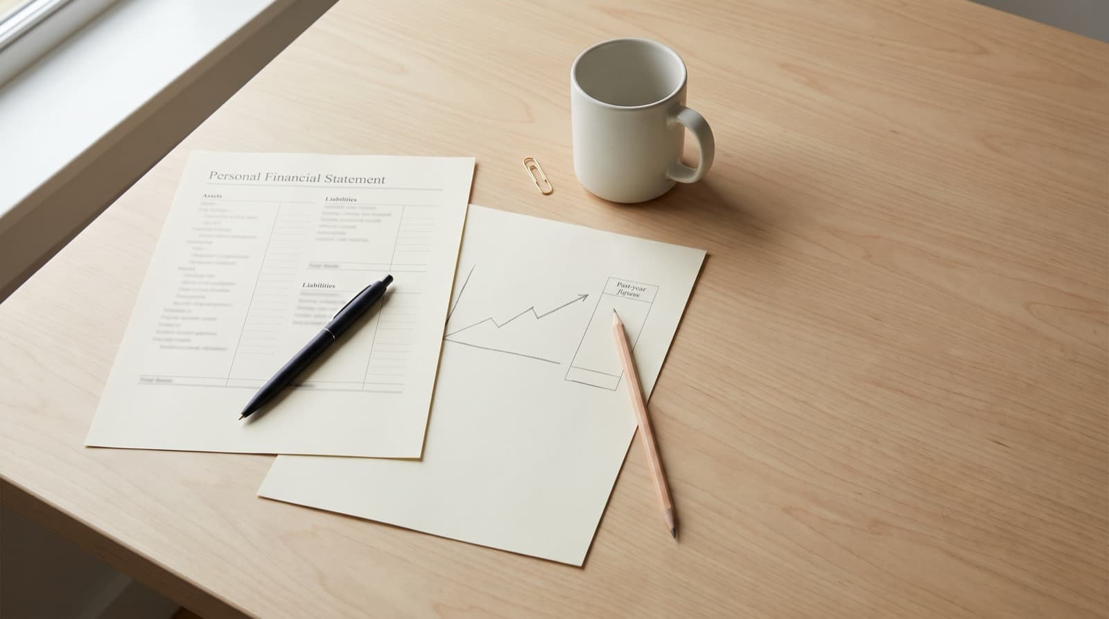 A first-time business owner reviewing a personal financial statement and startup projections with a community bank lender