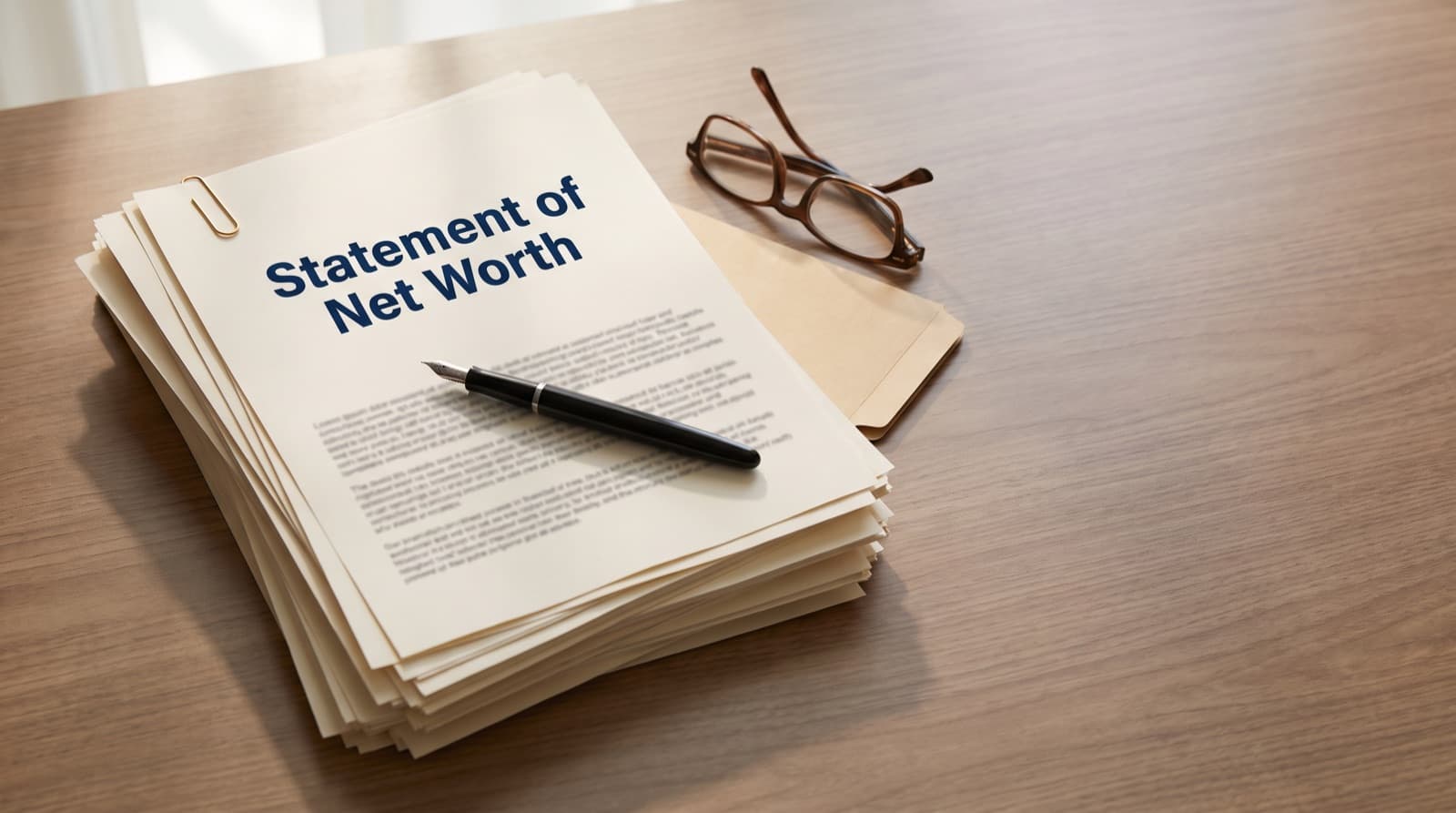 A stack of financial documents topped by a Statement of Net Worth cover page, a pen, and reading glasses on a desk