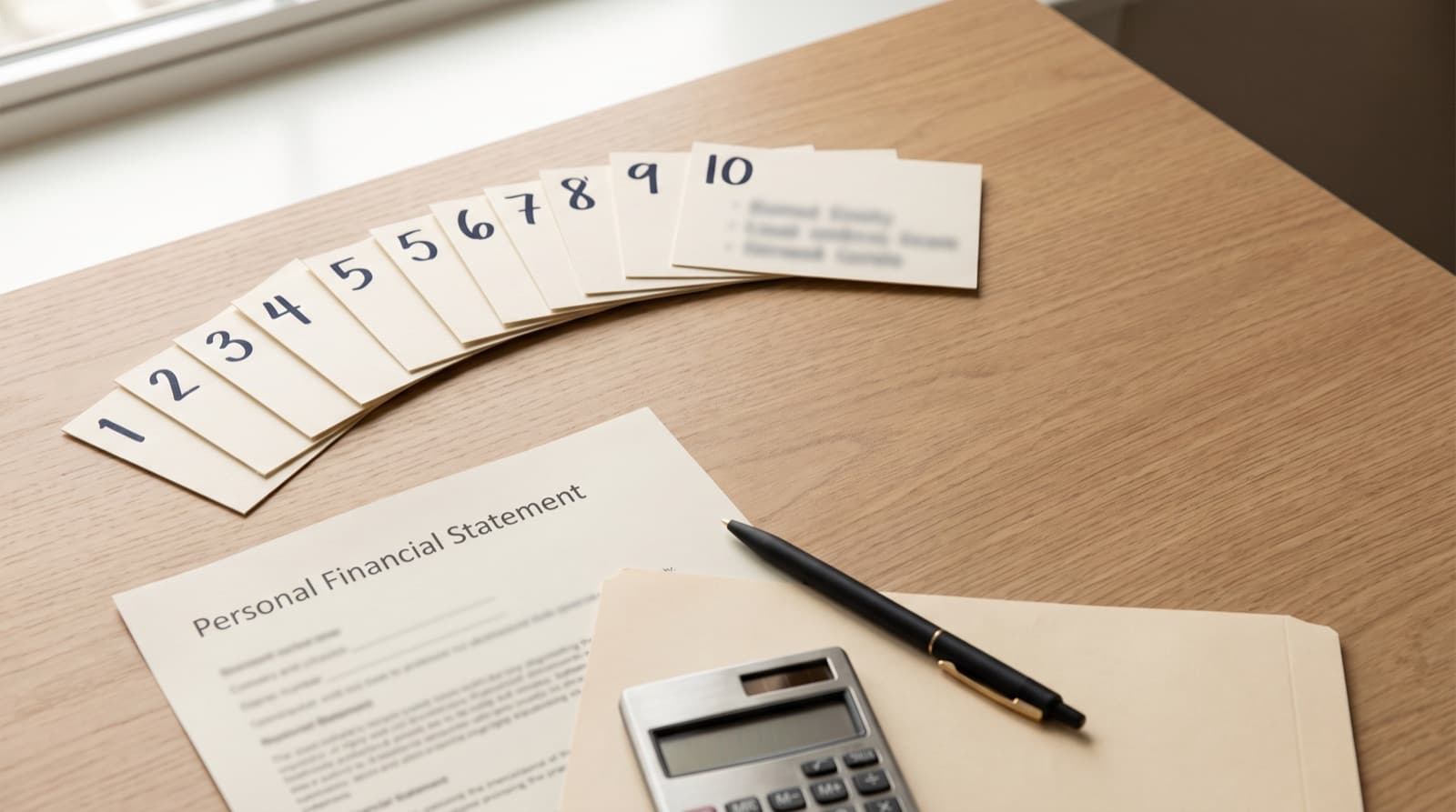 Ten numbered index cards fanned across a light oak desk beside a personal financial statement page, a manila folder, a calculator, and a pen