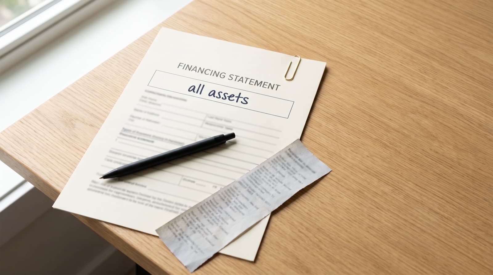 A financing statement on a wooden desk with all assets written in the collateral box, a pen, and a lien search printout