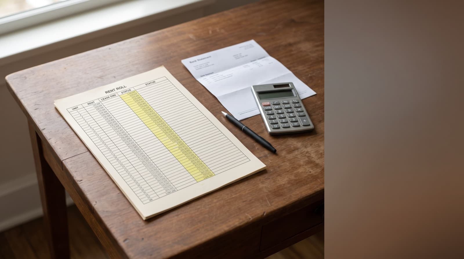 A printed rent roll on a wooden desk beside a bank statement and calculator, with one rent column highlighted in yellow