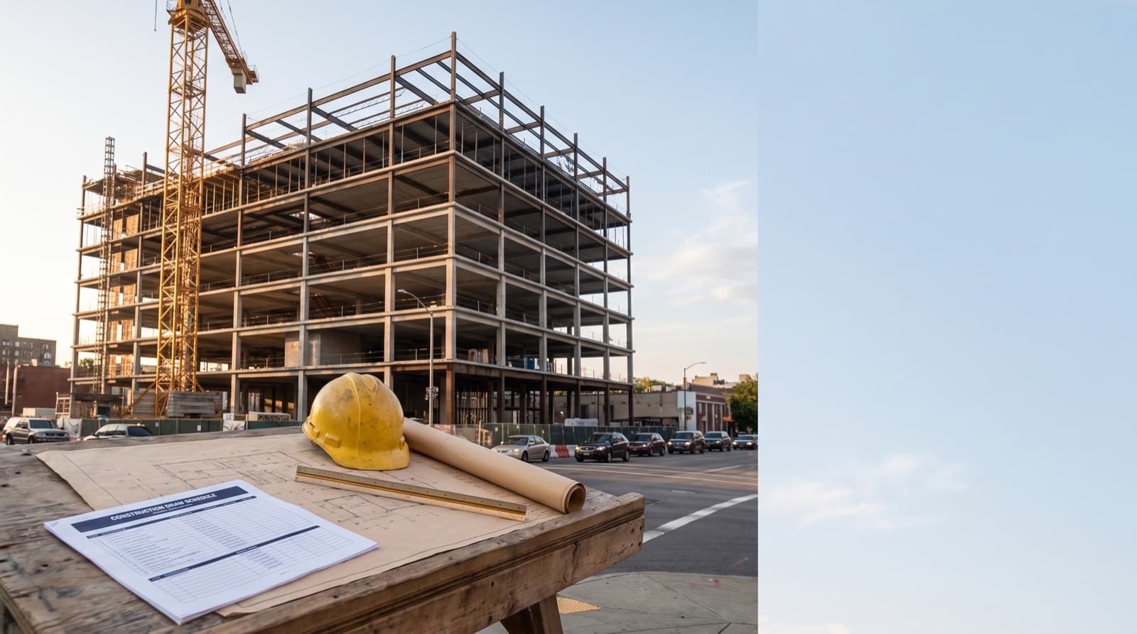 A mid-rise commercial building under construction behind a desk holding a construction draw schedule and a metal ruler in warm afternoon daylight, with clean sky negative space on the right