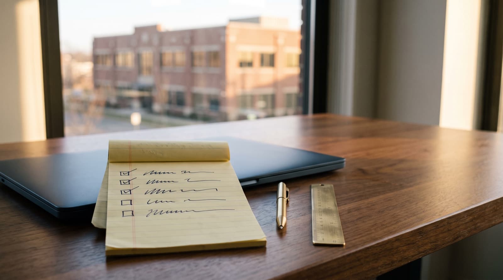 A yellow legal pad on a walnut desk with a short handwritten qualifications checklist, three items checked, beside a mid-rise commercial building through the window
