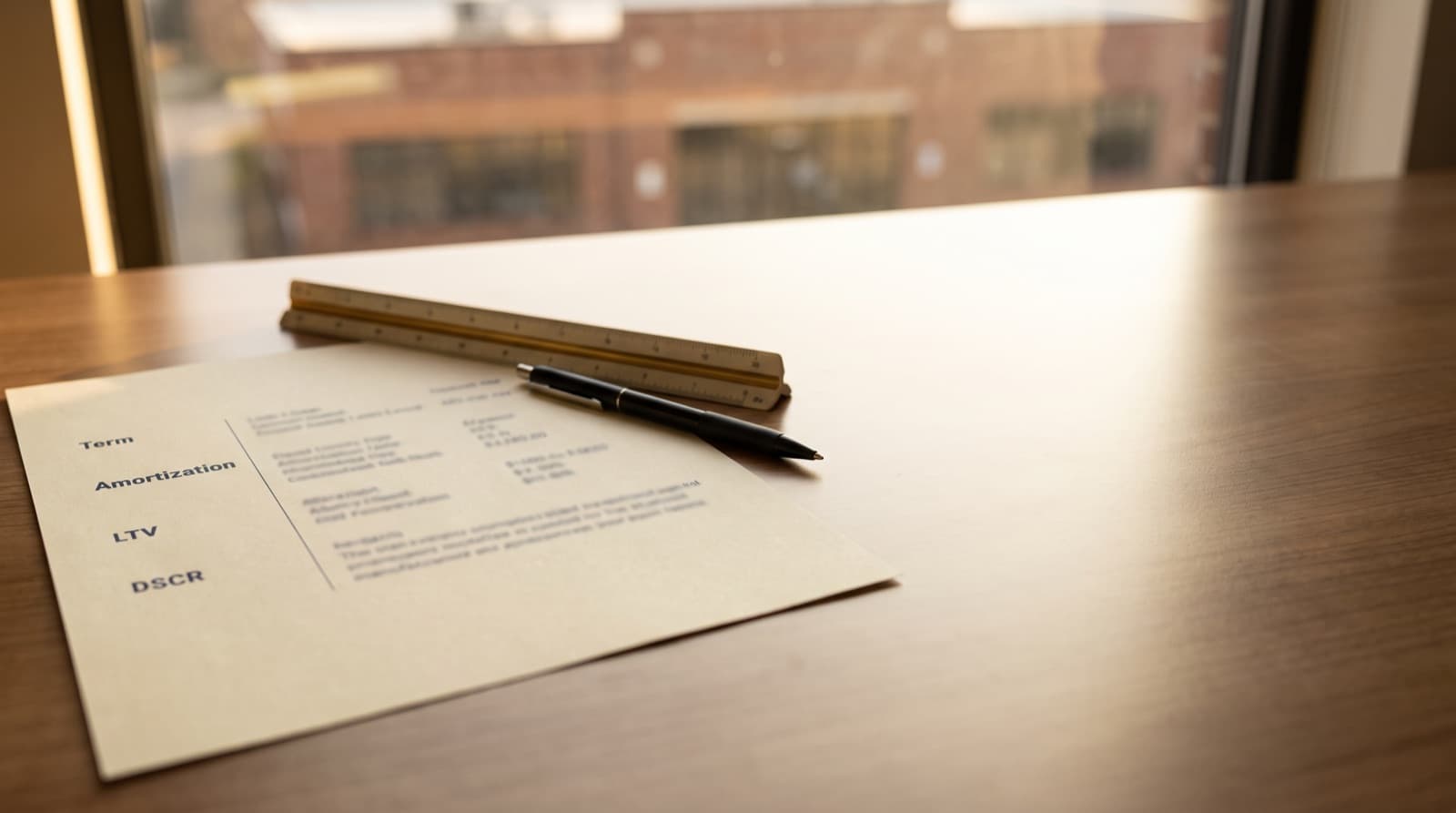 A commercial loan term sheet on a wooden desk labeled Term, Amortization, LTV, and DSCR, with a pen and ruler and a brick building through the window