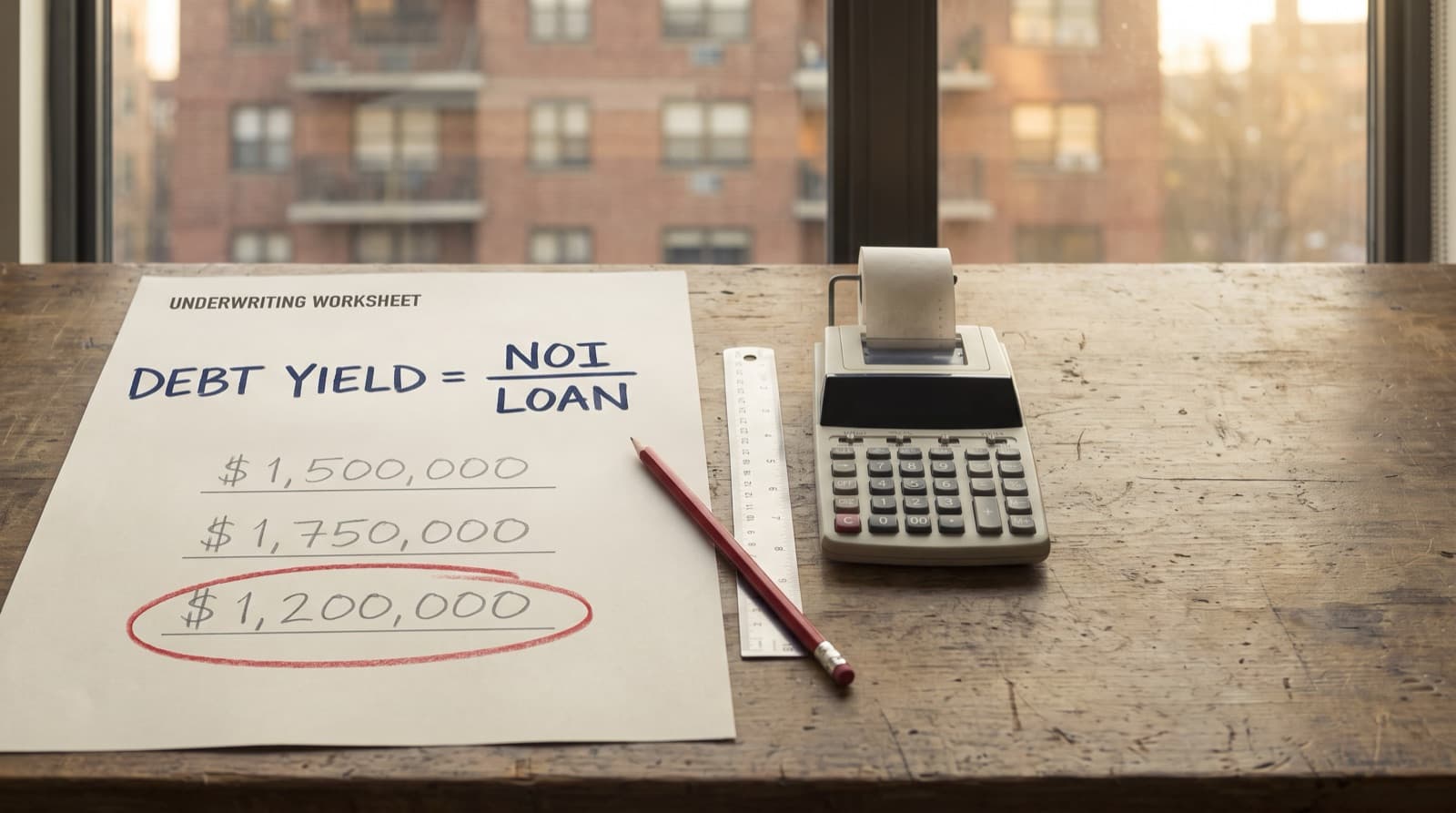 An underwriting worksheet listing three loan amounts with the smallest circled in red, beside a calculator on a desk