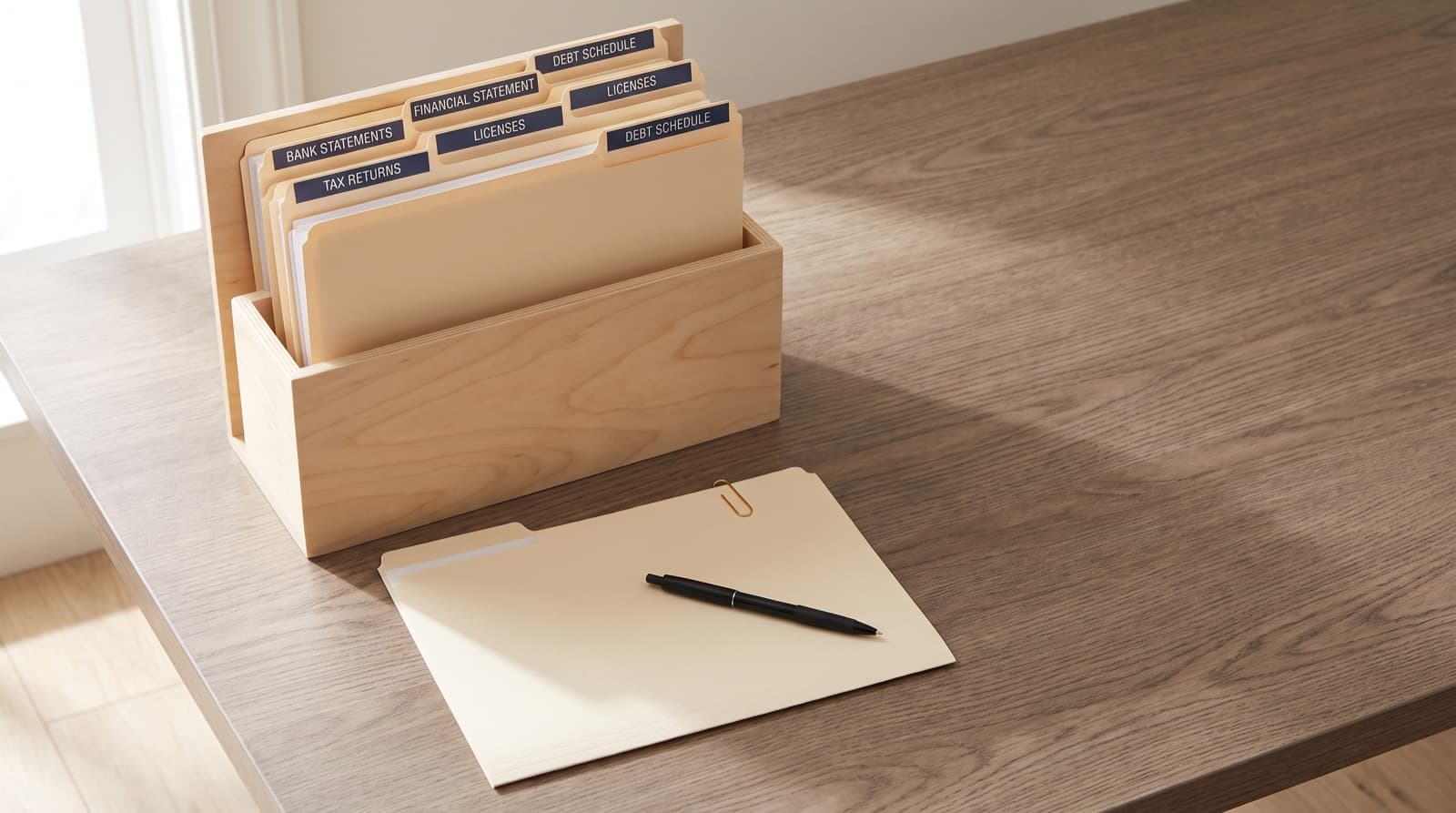 A labeled document organizer on a desk with tabbed folders for tax returns, bank statements, and a personal financial statement