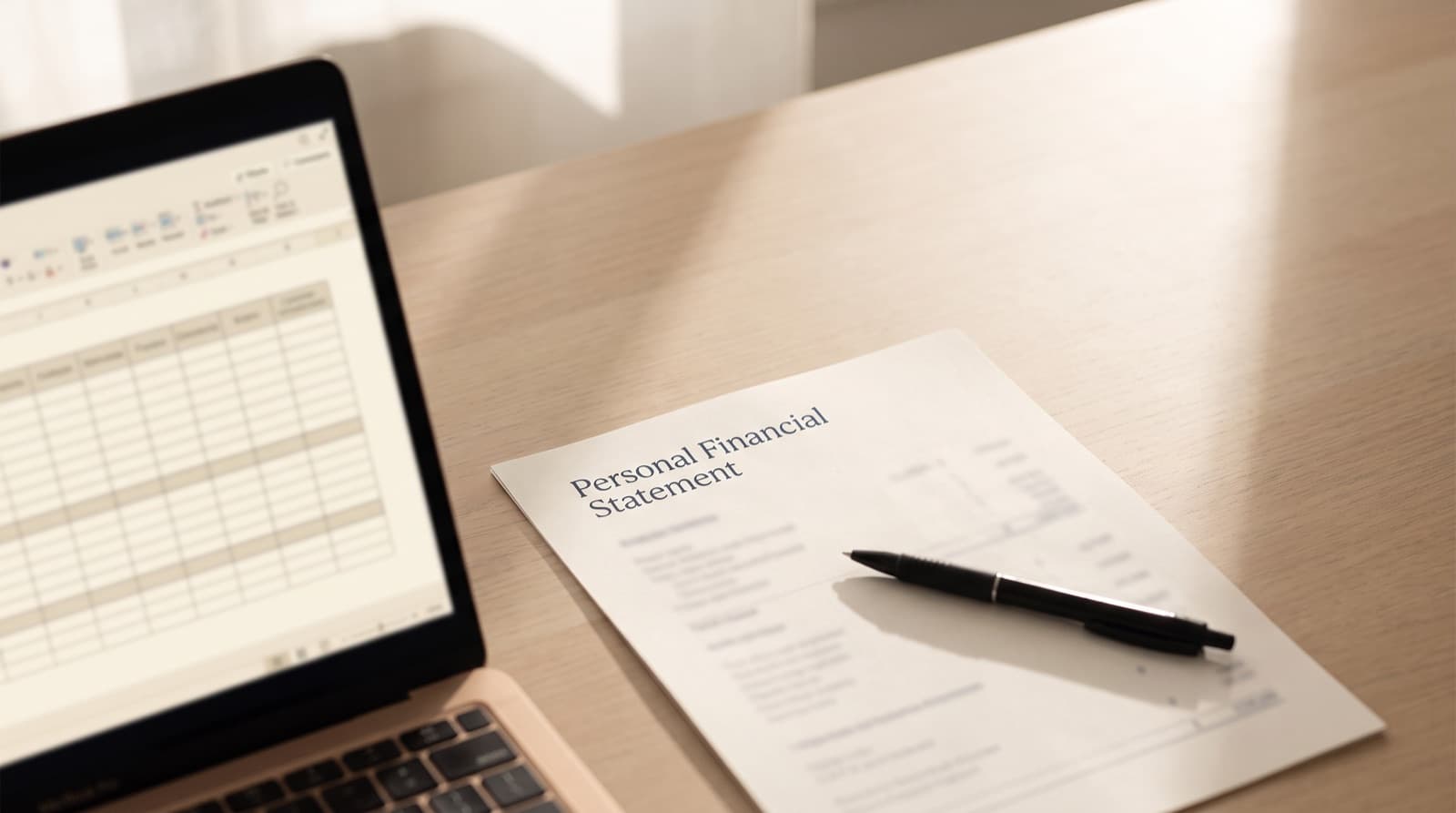 An open laptop with a spreadsheet on screen beside a printed personal financial statement and a pen on a wooden desk