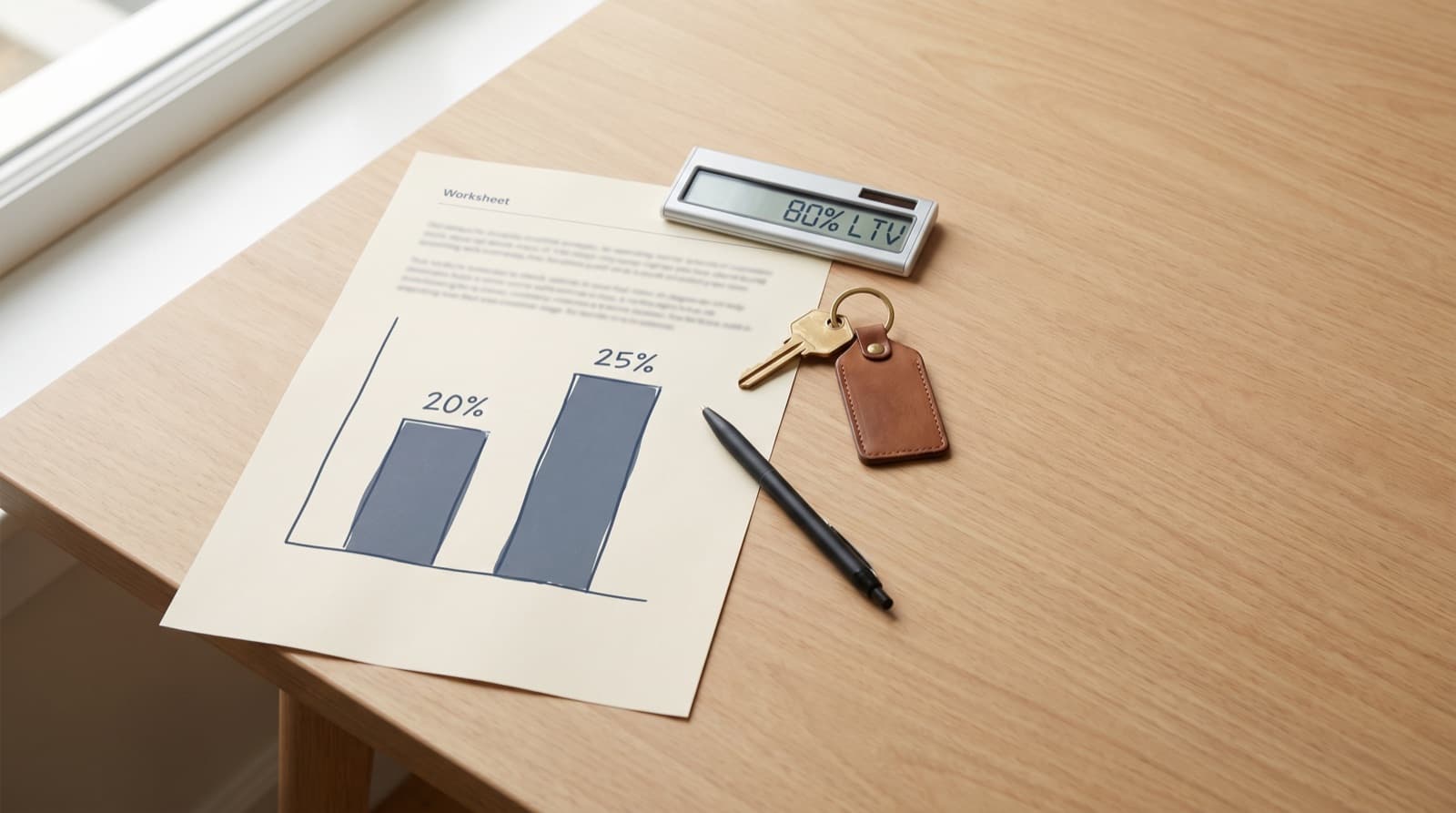 A rental-purchase worksheet showing 20 percent and 25 percent down-payment bars beside a calculator reading 80 percent LTV, a house key, and a pen on a light-wood desk