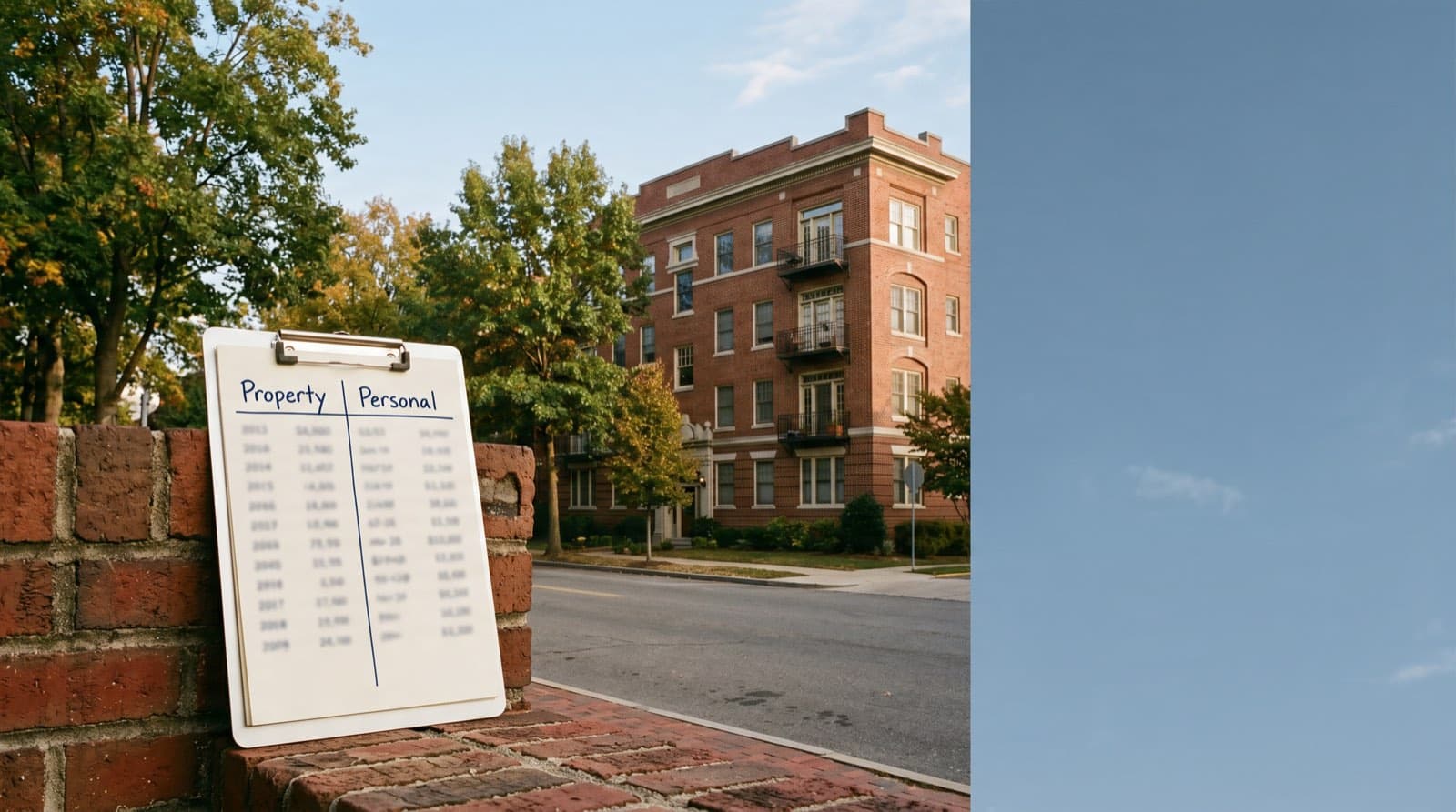 A red-brick mid-rise apartment building with a foreground clipboard comparing Property and Personal columns