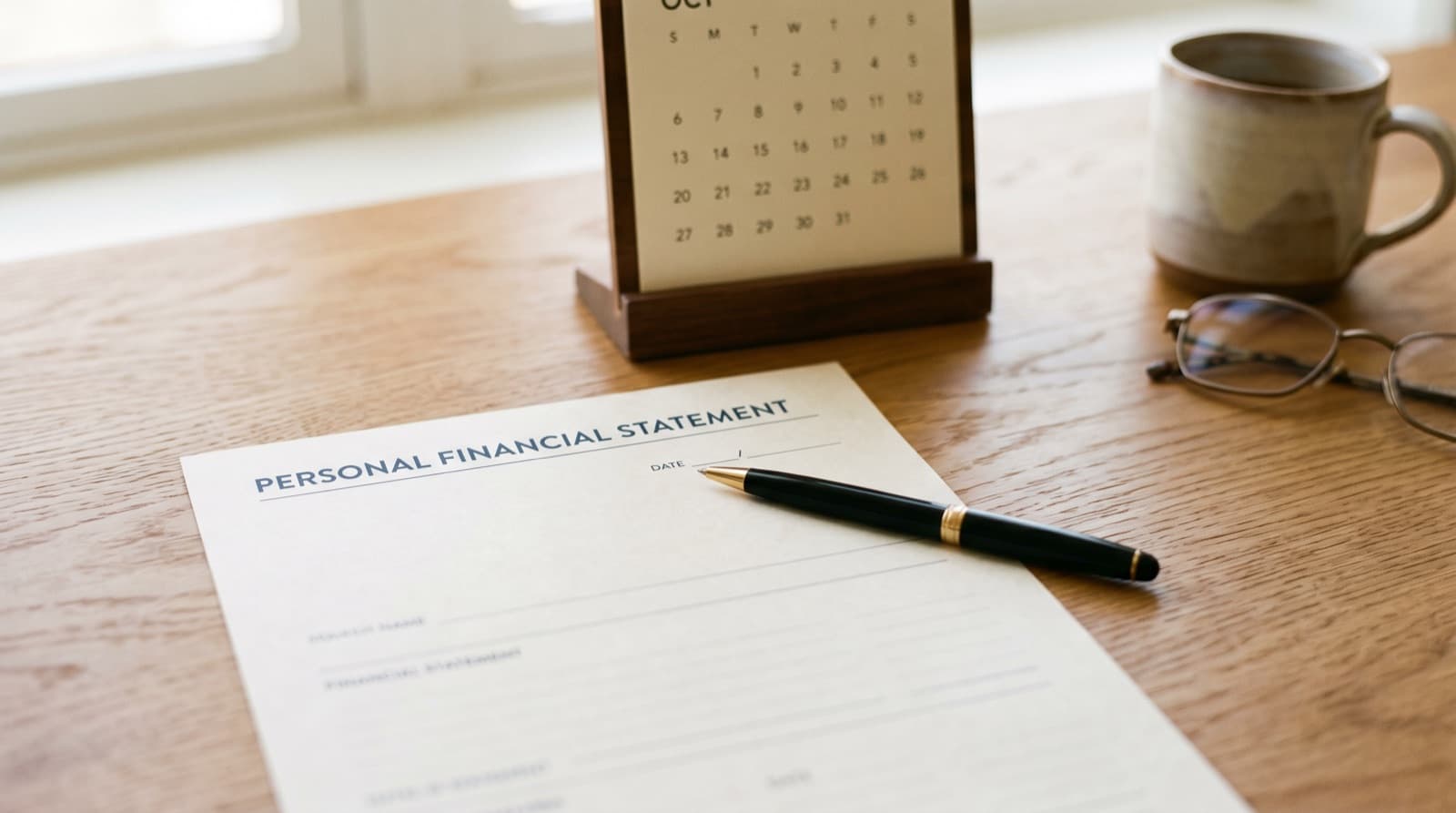 A standing desk calendar behind a Personal Financial Statement document with a pen resting on its date line
